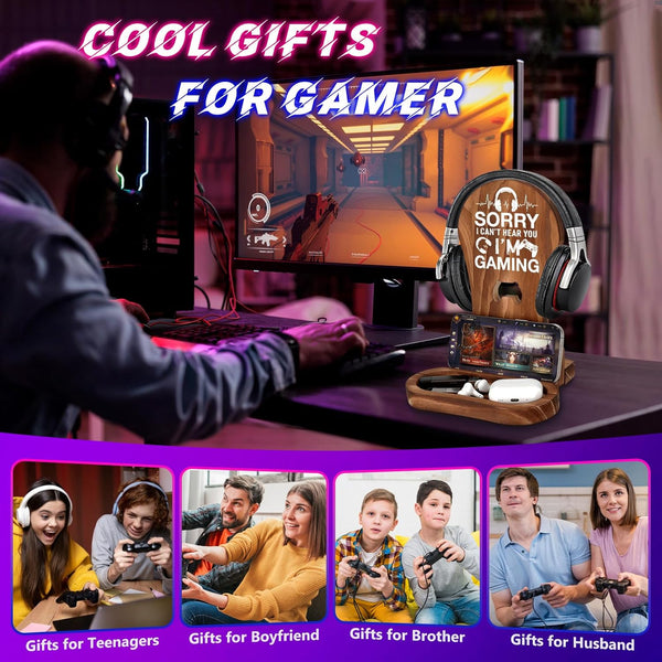 Gamer Gifts for Teenage Boys, Gaming Headphone Stand for Men, Gaming Room Decor Wooden Headset Holder, Son Boyfriend Husband Game Lover Gifts
