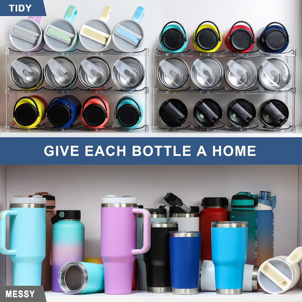 LARGER Compartment - 3 Tier Stackable Water Bottle Organizer Holder - for Stanley 40Oz & Others' Large Tumbler - Clear Wine Rack, 12 Cup Bottle
