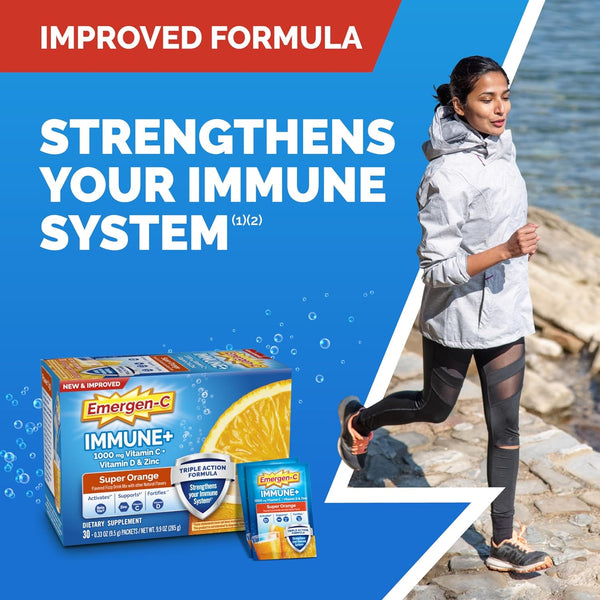 Emergen-C Immune+ Triple Action Immune Support Powder, Betavia (R), 1000Mg Vitamin C, B Vitamins, Vitamin D and Antioxidants, Super Orange â 50