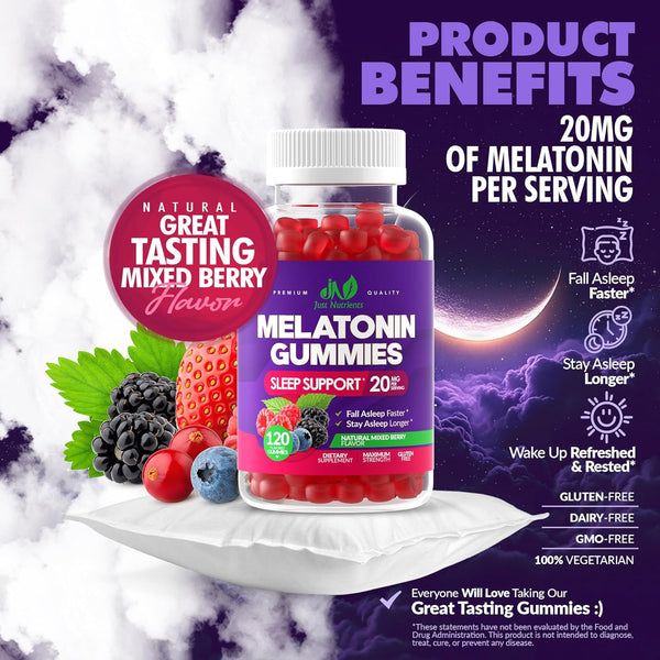Melatonin 20Mg Gummies for Adults (120 Count) - Maximum Strength Sleep Aid with 10Mg of Melatonin per Gummy - Gluten-Free, Non-Gmo, Vegetarian,