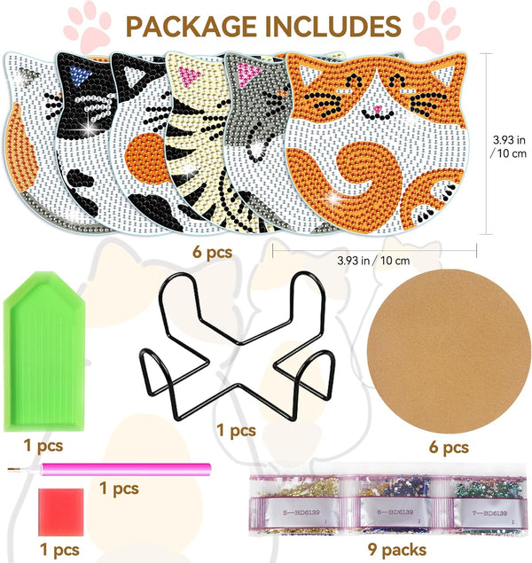 Vcekract Diamond Painting Coasters Kits, 6 Pcs Cat Diamond Art Coasters with Holder, Crafts Kits for DIY Coasters, Diamond Art Kits for Adults Cat
