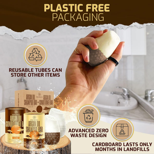 Moroccan Argan Oil Shampoo and Conditioner Solid Bars Set - Zero Waste Natural Products and Sulfate Free Travel Size Toiletries - No Bottle - Care