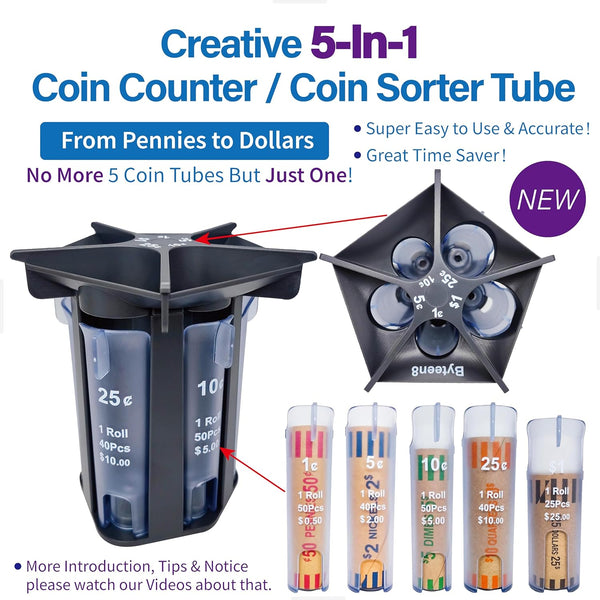 Coin Counter Coin Sorter Tubeï½Creative 5-In-1 Change Sorter Coin Organizerï½Change Counter Machine Coin Rollerï½Coin Bank Holder Coin