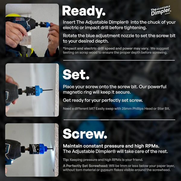 Adjustable DIMPLER ® - Drywall Bit & Screw Gun Attachment, Converts Drill into Drywall Screw Gun or Deck Screwdriver, Magnetic Bit Holder for