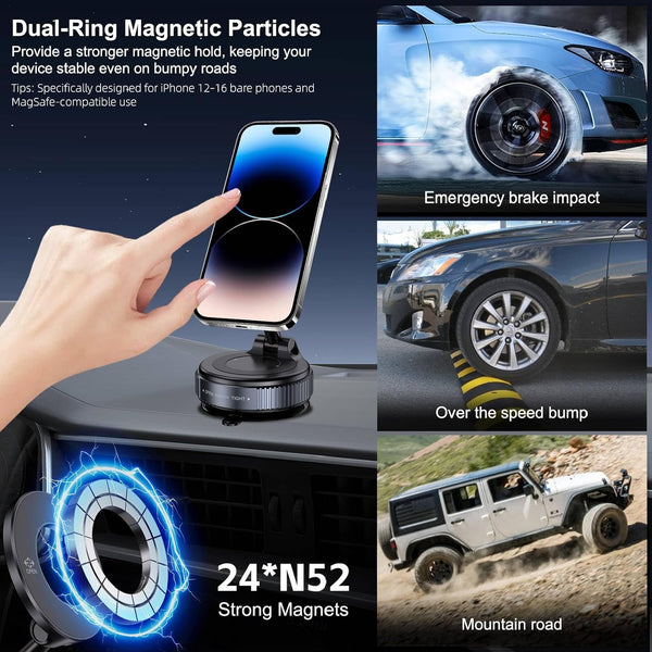 Vacuum Magnetic Suction Phone Holder, Foldable and Retractable Hands-Free Suction Cup Phone Mount for Car/Gym/Mirror/Smooth Surface, Compatible