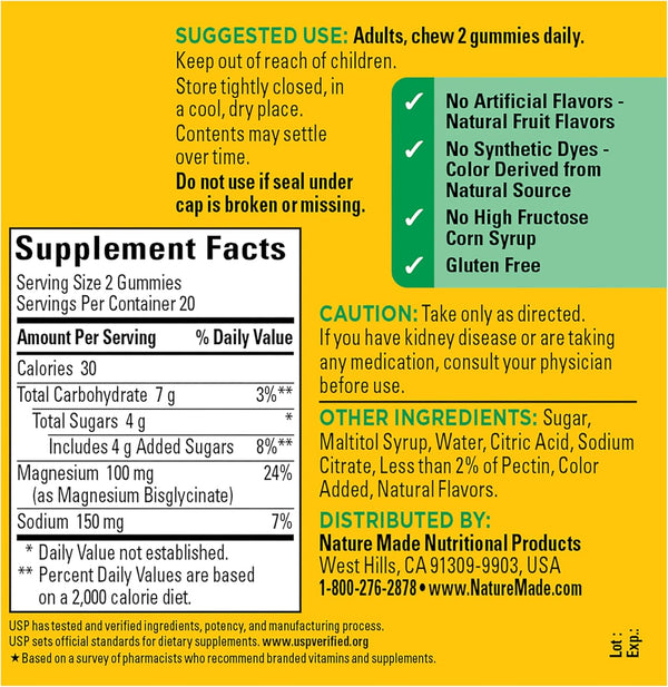 Nature Made High Absorption Magnesium Glycinate Gummies 100 Mg per Serving, Muscle, Nerve, Bone and Heart Support, Magnesium Supplement, 40