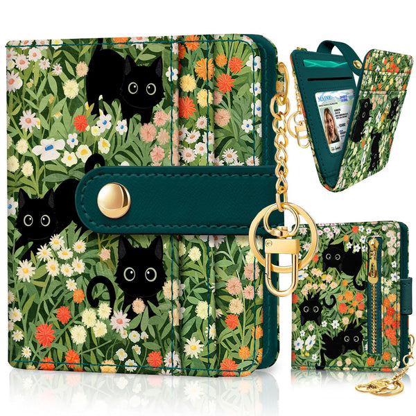 Black Cat Floral Rfid Women Wallet, Small Slim Thin Credit Card Wallet, PU Leather Bifold Cash Zipper Coin Pocket ID Window for Female Ladies Teen