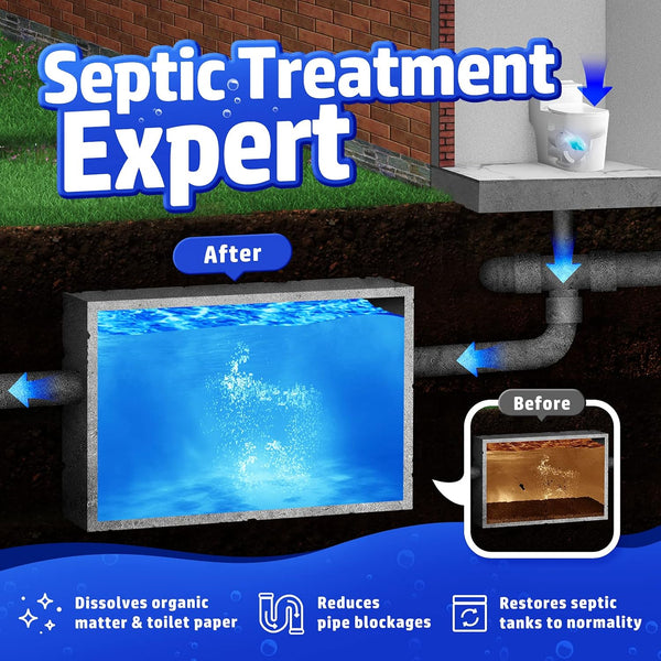 Vacplus Septic Tank Treatment 12 Pcs for 1-Year Supply, Dissolvable Packs with Easy Operation, Durable Biodegradable Enzymes for Wastes, Greases &