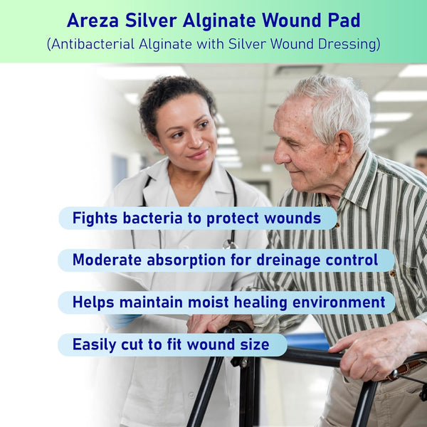 Areza Medical - Silver Alginate (Antibacterial Alginate with Silver) - Sterile - Wound Dressing Pads - 4.25" X 4.25" (10.8 Cm X 10.8 Cm) - 20 PCS