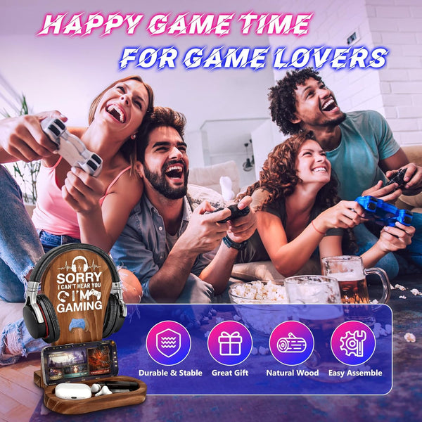 Gamer Gifts for Teenage Boys, Gaming Headphone Stand for Men, Gaming Room Decor Wooden Headset Holder, Son Boyfriend Husband Game Lover Gifts