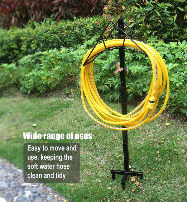 Outdoor Hose Holder Stand with Brass Spigot Faucet - Freestanding Metal Water Pipe Extension Hanger Stake Heavy Duty Storage Organizer for Garden
