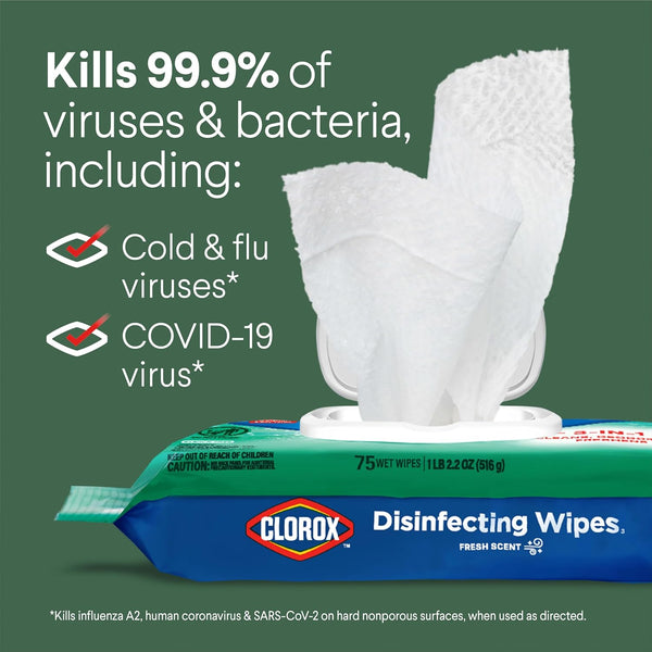 Clorox Disinfecting Wipes, Bleach Free, Household Essentials, Fresh Scent, Moisture Seal Lid, 75 Cleaning Wipes, Pack of 3 (New Packaging)