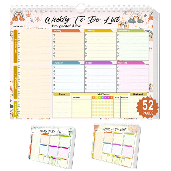 Weekly Planning To-Do-List Pad, 52 Undated Sheets for Daily To-Do Lists, Habit Tracking, Academic Scheduling, and Productivity Goals - Perfect for