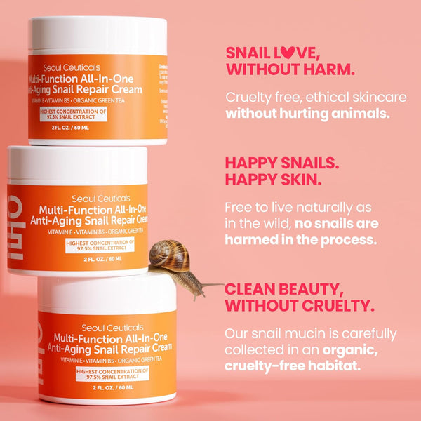 SeoulCeuticals Snail Mucin Moisturizer 97.5% - Korean Skin Care Snail Repair Cream - Day & Night Anti Aging K Beauty Skincare Cruelty Free 2oz 2 Ounce
