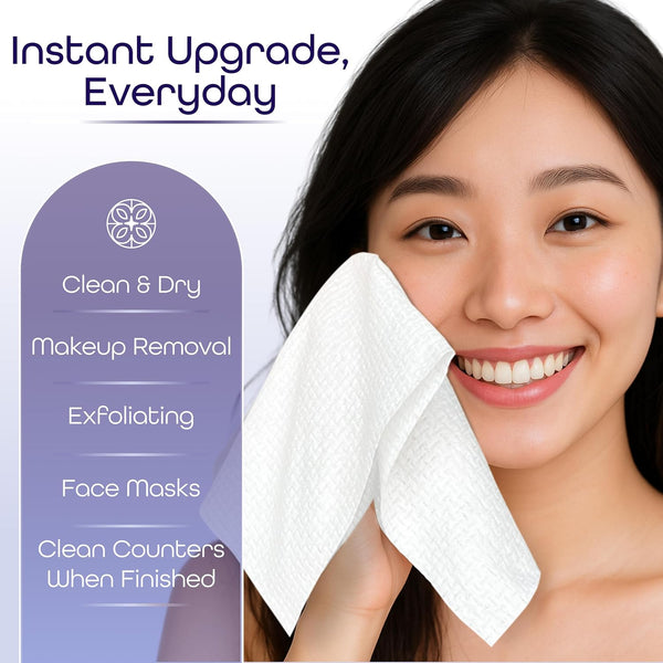 Disposable Face Towels XL â Ultra Soft, Odor-Free Dry Towelettes for Skincare & Makeup Removal, Plant-Based, Safe for Acne-Prone & Sensitive Skin,