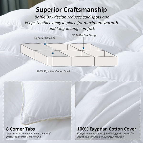 Luxurious All-Season Goose down Feather Fiber Comforter Queen Size Duvet Insert, Premium White Solid Plain Design, Premium Baffle Box, 100%