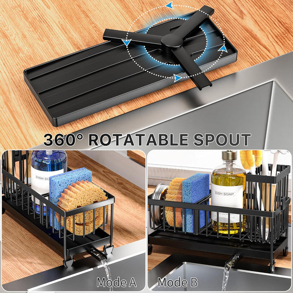 Cisily Black Sponge Holder for Kitchen Sink, Sink Caddy Organizer with High Brush Holder, Kitchen Countertop Organizers and Storage Essentials,