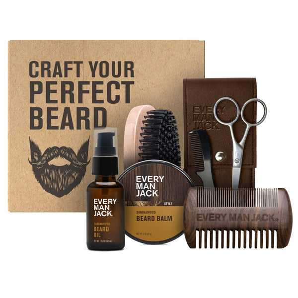 Every Man Jack Beard Grooming Kit for Men - Includes Sandalwood Beard Oil & Beard Balm, Beard Brush, Wooden Dual-Sided Comb, Trimming Scissors and