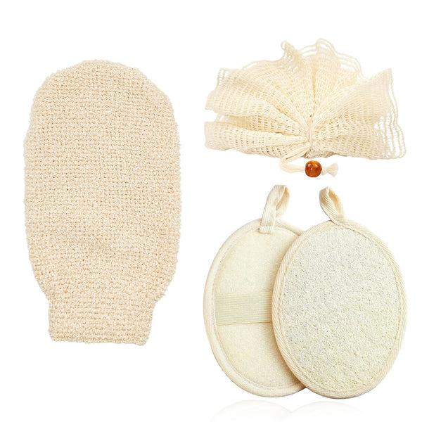 Loofah Exfoliating Body Scrubber Pack - Ramie Shower Pouf, Natural Bath Sponge, Women Bathing Sponges for Exfoliation, Organic Washing Glove, Soft