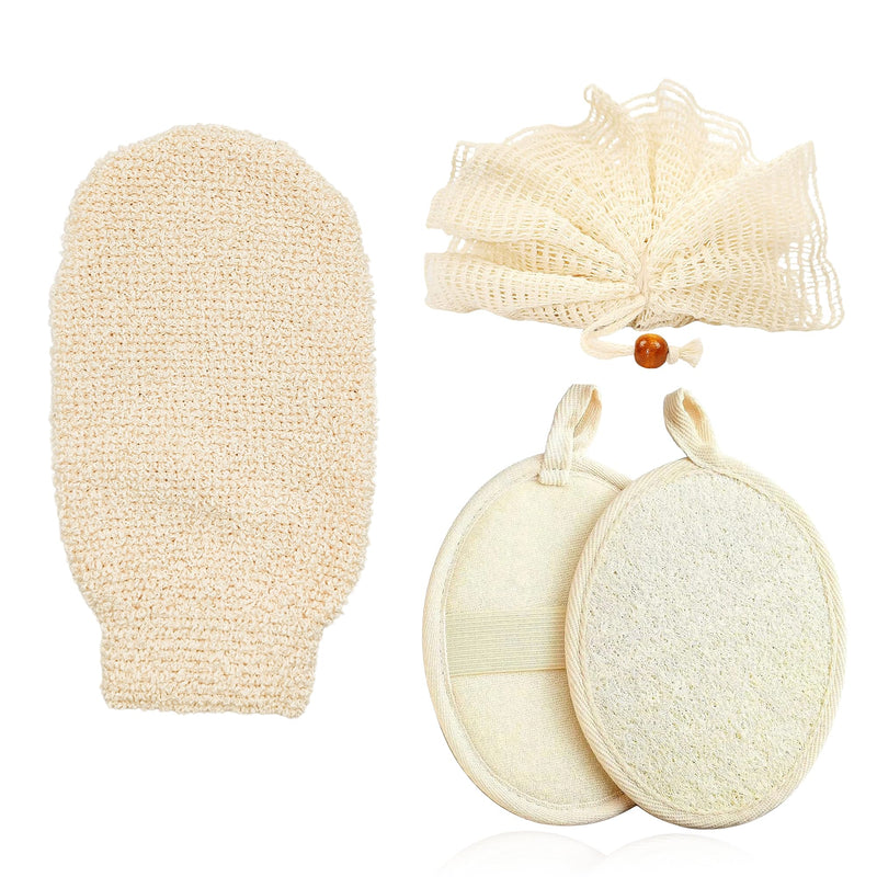 Loofah Exfoliating Body Scrubber Pack - Ramie Shower Pouf, Natural Bath Sponge, Women Bathing Sponges for Exfoliation, Organic Washing Glove, Soft