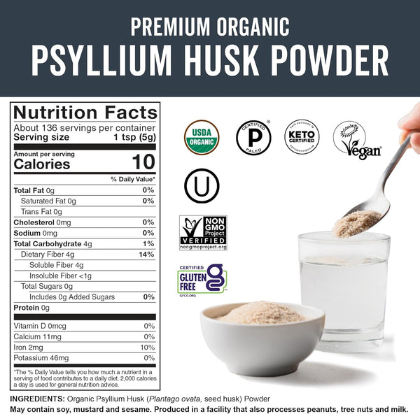 Viva Naturals Organic Psyllium Husk Powder, 24 Oz - Finely Ground, Unflavored Plant Based Superfood - Good Source of Fiber for Gluten-Free Baking,