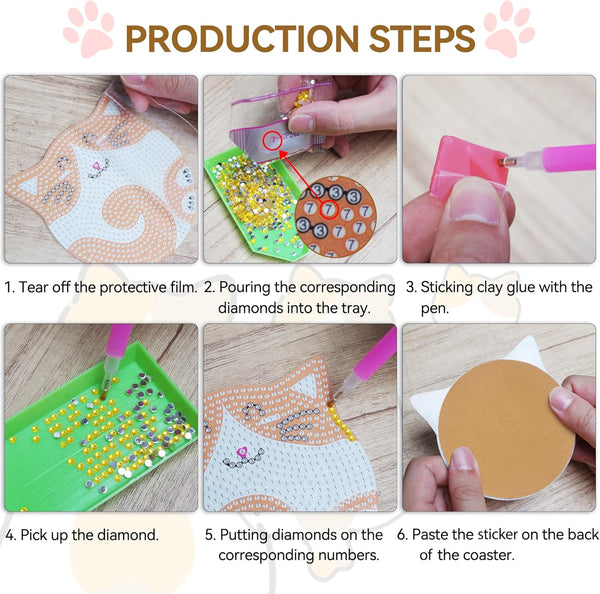 Vcekract Diamond Painting Coasters Kits, 6 Pcs Cat Diamond Art Coasters with Holder, Crafts Kits for DIY Coasters, Diamond Art Kits for Adults Cat