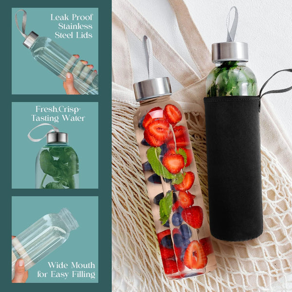 32 Oz Glass Water Bottle Set of 4 - Reusable, Eco-Friendly, Airtight, Leak Proof Bottles for Travel