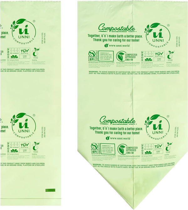 UNNI Compostable Liner Bags, 13 Gallon, 49.2 Liter, 50 Count, Heavy Duty 0.9 Mil, Tall Kitchen Food Scrap Waste Bags, ASTM D6400, US BPI, CMA and