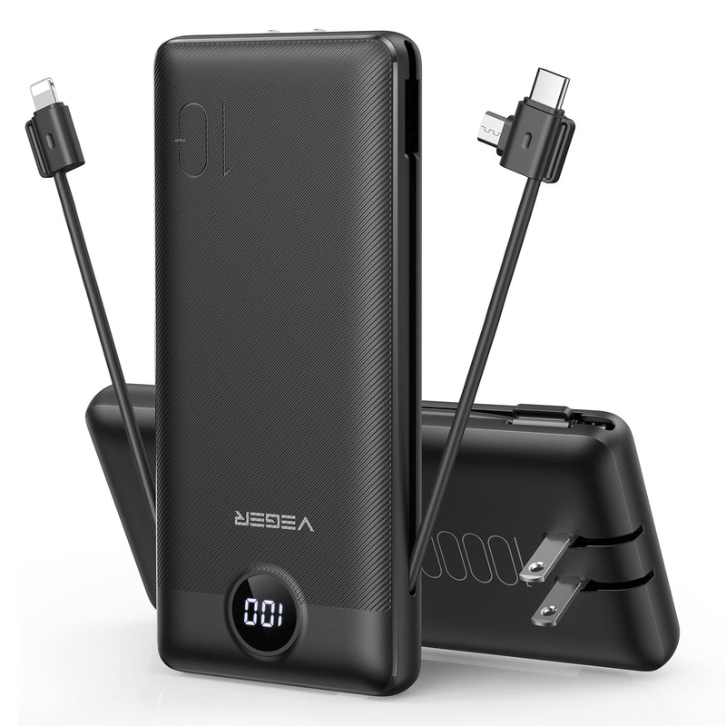 VEGER Portable Charger for Iphone Built in Cables and Wall Plug, 10000Mah Slim Fast Charging USB C Power Bank, Travel Essential Battery Pack