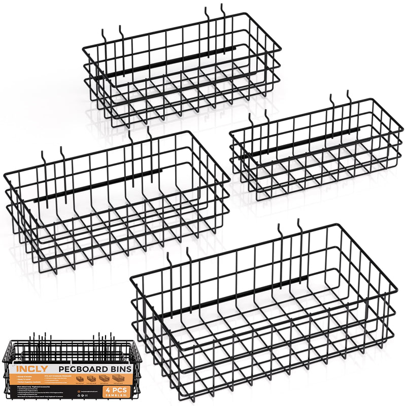 INCLY 4 Pack Pegboard Baskets Bins Set, 4 Size Square Style Black Metal Wire Basket for Any Peg Board Organizing Tools, Pegboard Accessories for