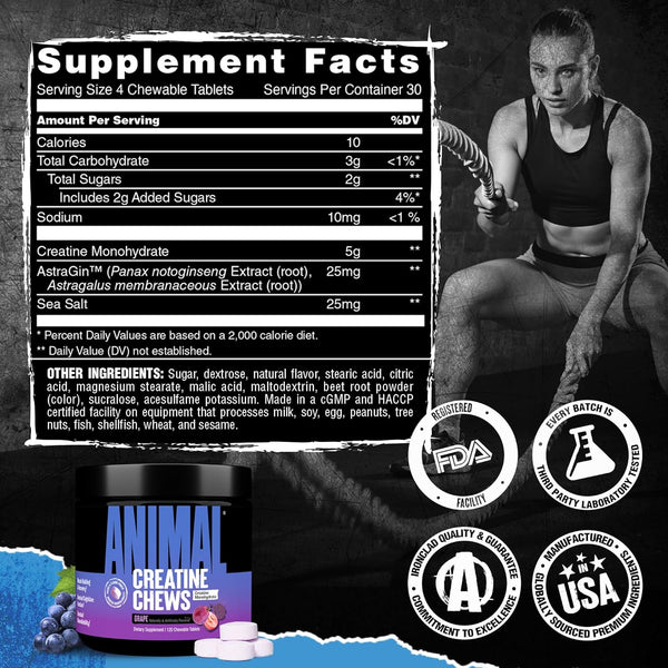 Animal Creatine Chews Tablets - Enhanced Creatine Monohydrate with Astragin to Improve Absorption, Sea Salt for Added Pumps, Delicious and