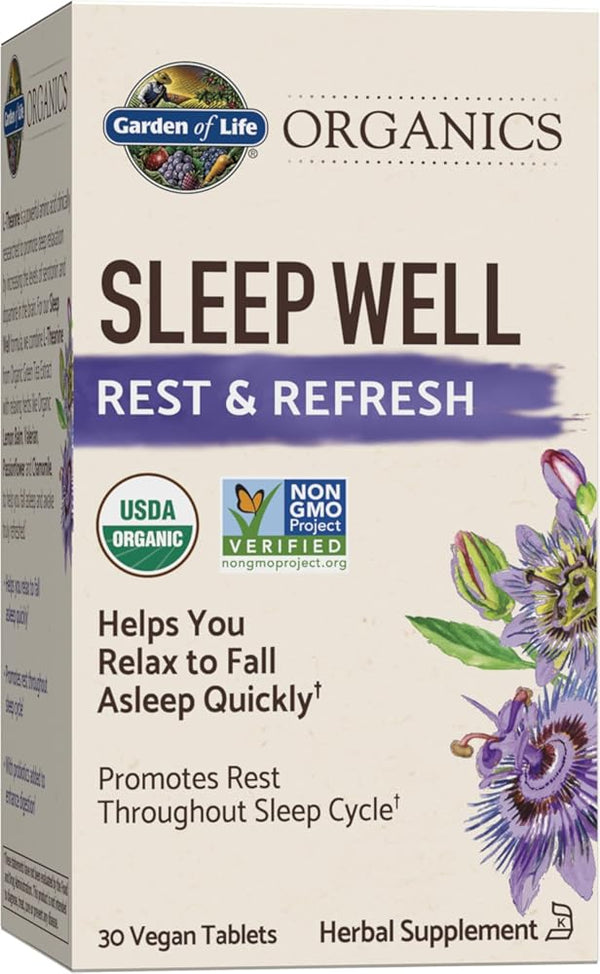 Garden of Life Organics Sleep Well Rest & Refresh 30 Tablets, Lemon Balm, Green Tea Extract L-Theanine, Valerian Root, Chamomile,