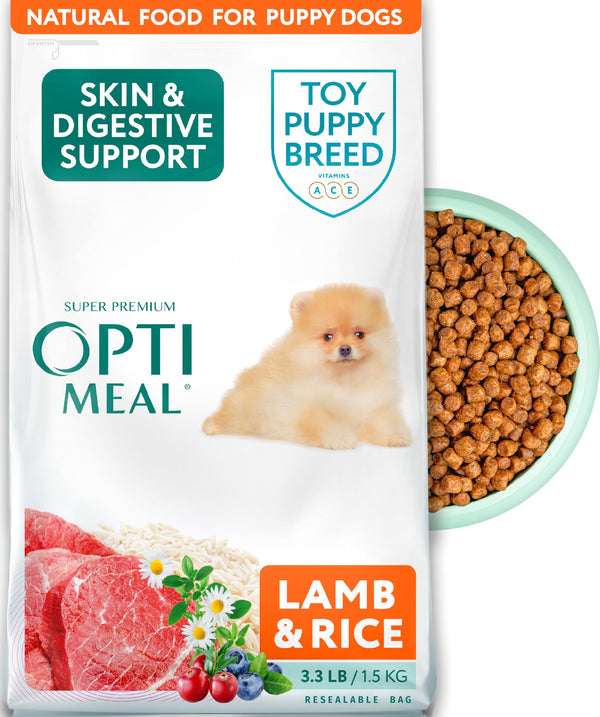 Optimeal Puppy Toy Breed Dog Food - Premium Dry Recipe for Small and Toy Breed Puppies - Skin and Digestive Support (3.3 Lb, Lamb & Rice)