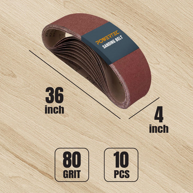 POWERTEC 10PK 4X36 Sanding Belts, 80 Grit Aluminum Oxide, 4 X 36 Inch Sanding Belts for Benchtop Belt and Disc Sander, B