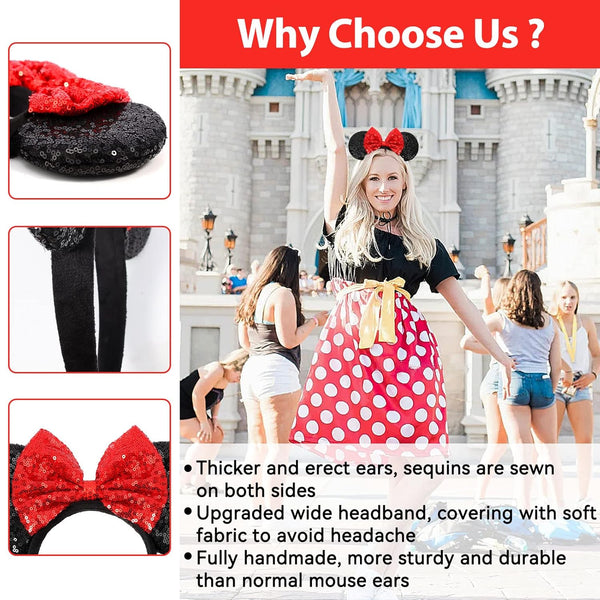 Mouse Ears Headbands, Sequin Mouse Ears for Women Girls Boys, Shiny Bow Headband for Cosplay Costume Party Decorations Hair Accessories (Red)
