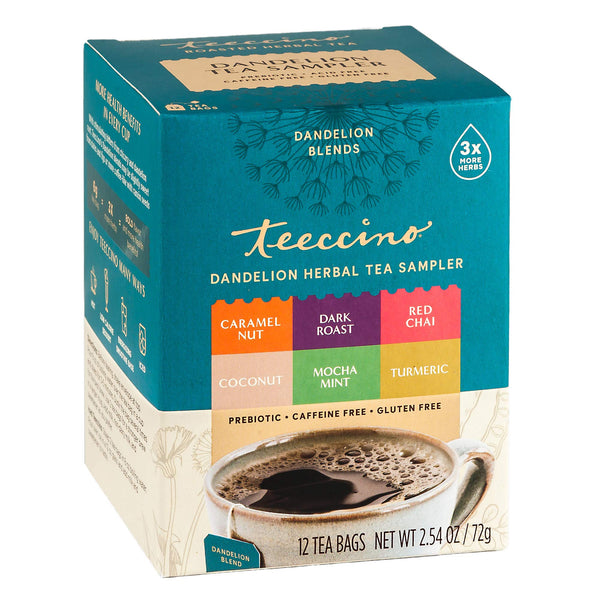 Teeccino Dandelion Tea Sampler - Caramel Nut, Coconut, Dark Roast, Mocha Mint, Red Chai, Turmeric - Roasted Herbal Tea, Caffeine Free & Prebiotic