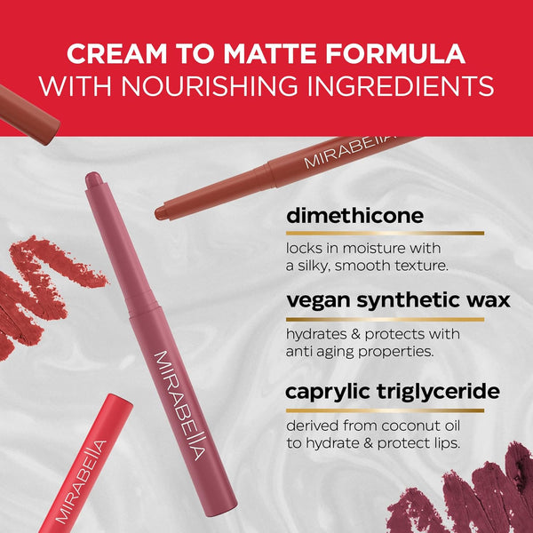 Mirabella Velvet Matte Lip Crayon - Long Lasting Lipstick Crayon & Lip Liner - Retractable, Highly Pigmented Lip Tint & Moisturizing Antioxidant
