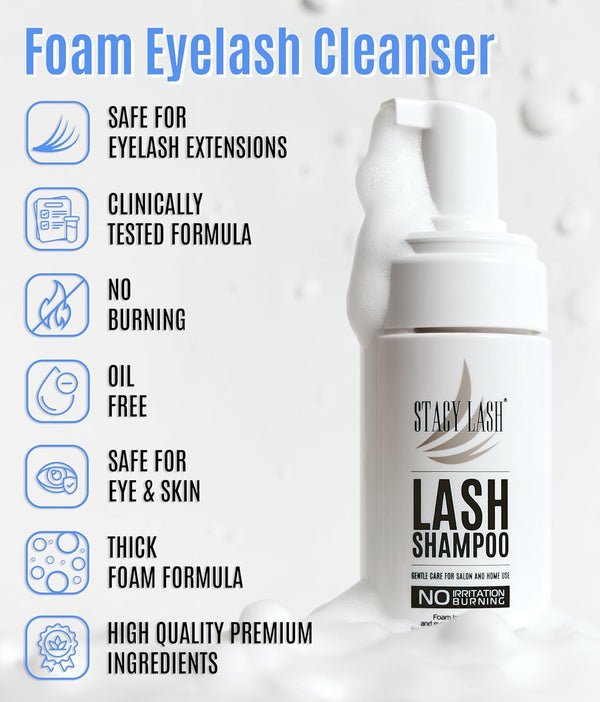 STACY LASH Eyelash Extension Shampoo + Brush / 1.69 fl.oz / 50ml / Eyelid Foaming Cleanser/Wash for Extensions & Natural Lashes/Safe Makeup
