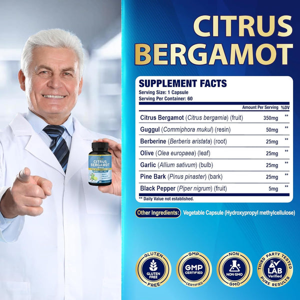 Organic Cadane 2 Packs Citrus Bergamot Extract Capsules with Berberine, Olive, Guggul, Garlic, Pine Bark, Black Pepper | 4 Months Supply