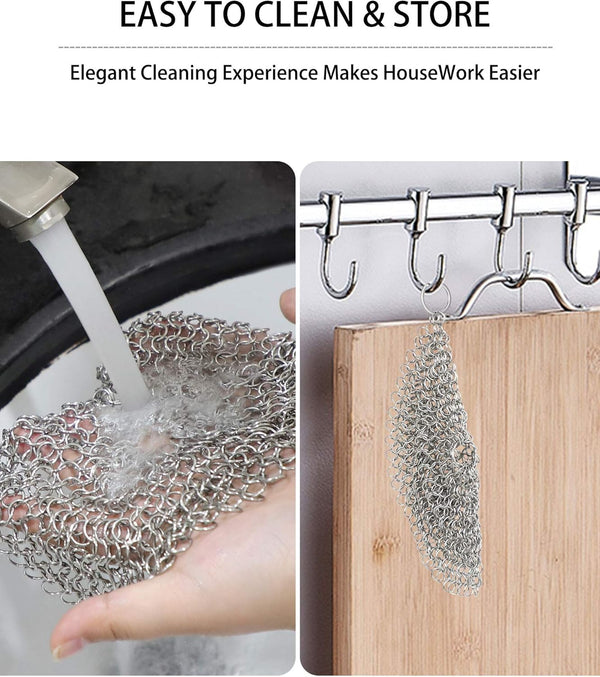 Cast Iron Skillet Cleaner Chainmail,2 Pack Premium Stainless Steel Chain Maille Scrubber for Cast Iron Pans,Stainless Steel,Glassware(7IN &5IN Round)