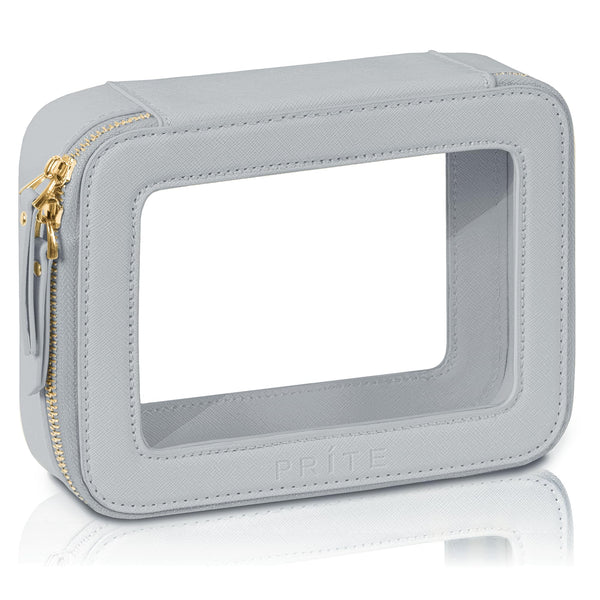 Prite Small Makeup Bag for Women Portable Clear Makeup Bag Cute Mini Waterproof Travel Cosmetic Bag with Gold Zipper for Car Essentials(Grey)
