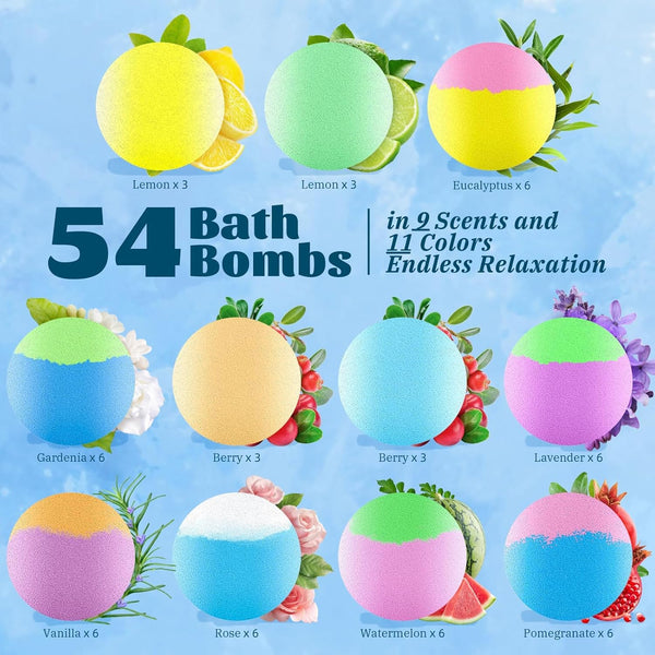 54 Pack Handmade Bath Bombs â 11 Vibrant Colors & 9 Unique Scents, Long-Lasting Fizzy Bubbles & Colorful Magic, 7-Minute Dissolve for Relaxation,
