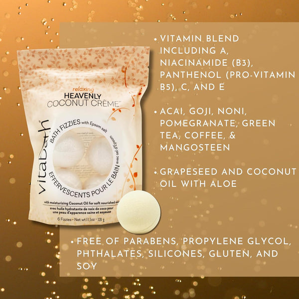 Vitabath Heavenly Coconut CrÃ¨me Bath Fizzies with Epsom Salt Relax Nourish Unwind Body & Mind Calming Aromatherapy for Muscle Soreness & Reviving