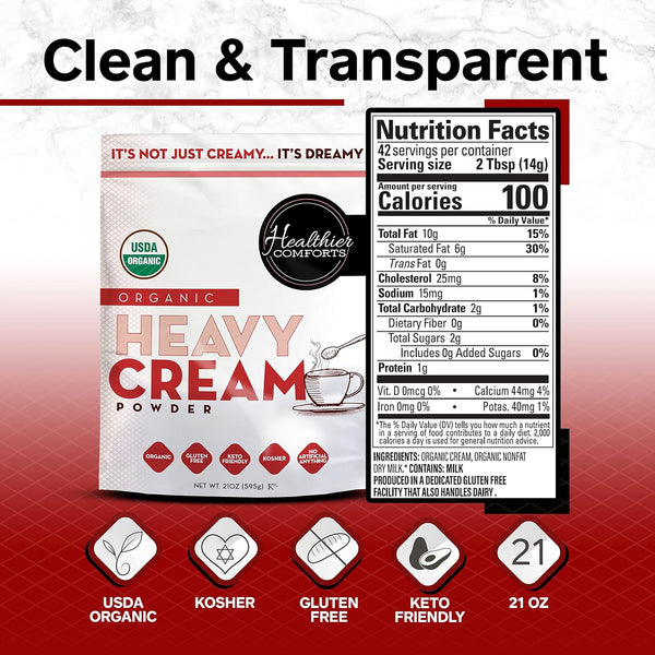 Healthier Comforts Organic Heavy Cream Powder (21 Oz) | Kosher, Gluten Free, Non-Gmo, and Keto Friendly | Long Lasting, Easy Sauces, Baking | Made
