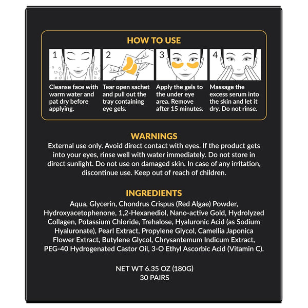 Stylia under Eye Patches for Dark Circles and Puffy Eyes (30 Pairs) - 24K Gold under Eye Mask with Vitamin C, Hyaluronic Acid, Pearl Extract - Eye
