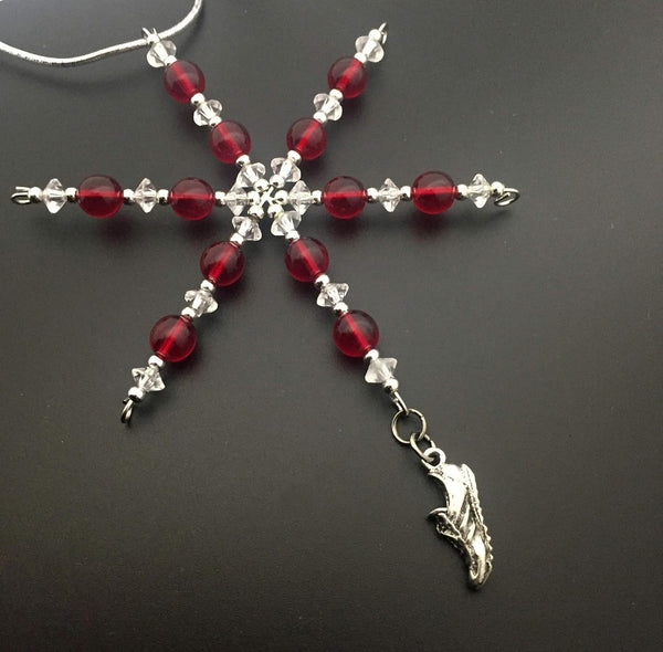 RUNNING SHOE Ornament - Beaded Snowflake Christmas Ornament/Gift Tag with round Running Shoe Charm with Jewelry Box - Handmade with Red Vintage Beads