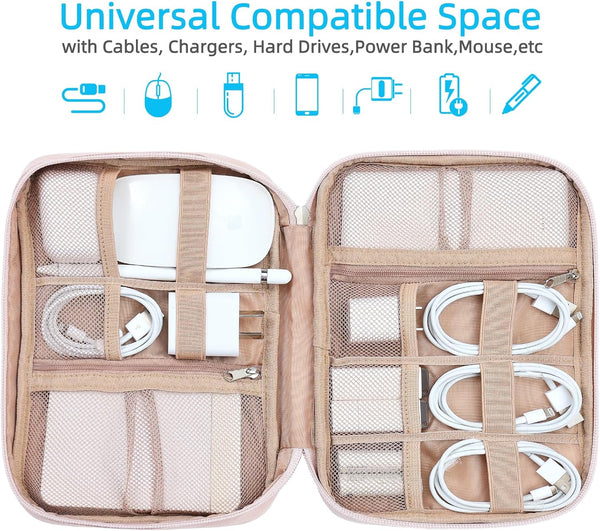 NISHEL Travel Cord Organizer Case, Tech Electronic Bag, Essentials for Charger, Cable, Phone, Hard Drive, USB, SD Card, Pink