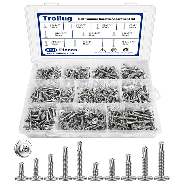 450PCS Self Tapping Screws for Metal, 410 Stainless Steel Self Drilling Screws #80 Truss Head Sheet Metal Screws Assortm