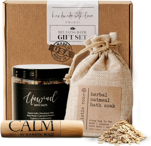 Relaxing Bath Gift Set, Luxury Spa Gifts for Women, Self Care Products for Women and Men, Calm Essential Oil Roller, Oatmeal Lavender Bath Soak &