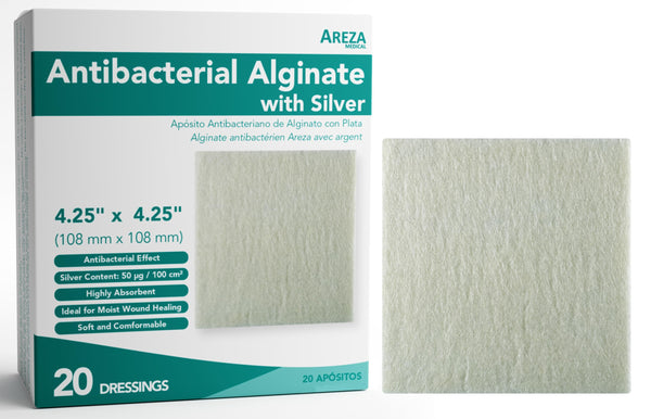 Areza Medical - Silver Alginate (Antibacterial Alginate with Silver) - Sterile - Wound Dressing Pads - 4.25" X 4.25" (10.8 Cm X 10.8 Cm) - 20 PCS